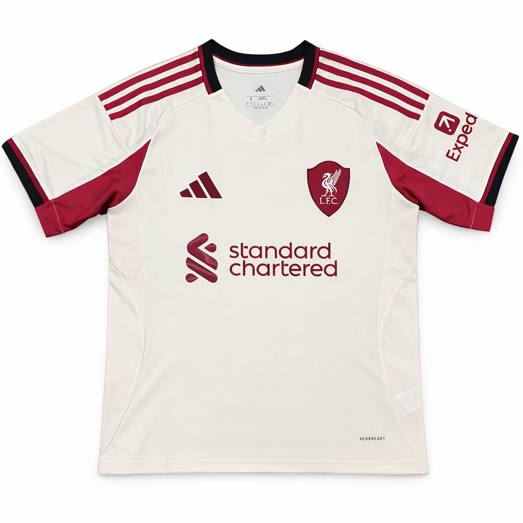 White sports jersey with red accents and branding on a white background