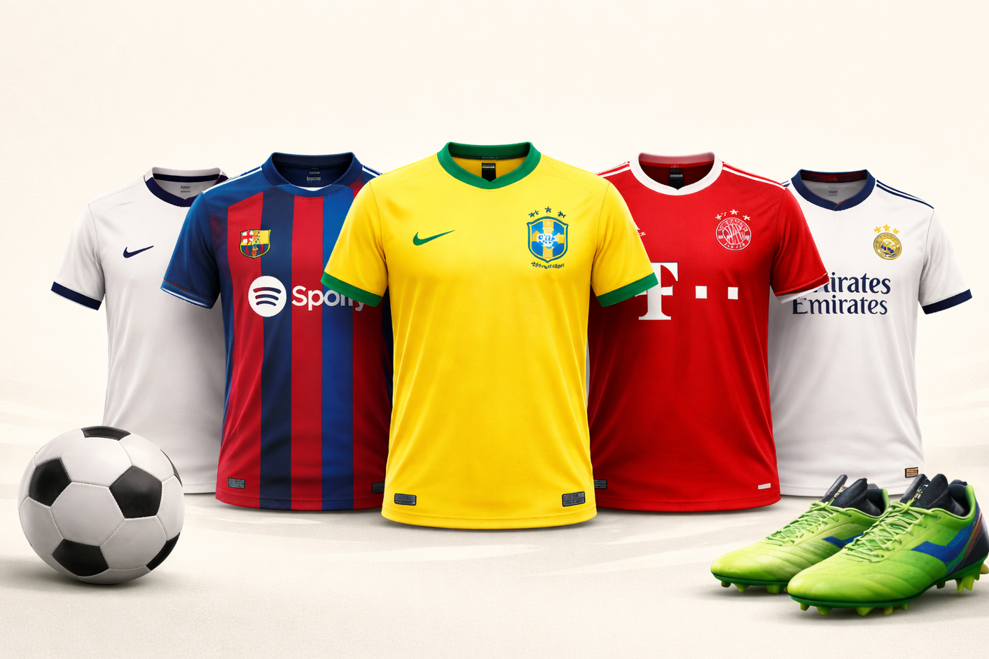 Collection of soccer jerseys and a ball on a white background